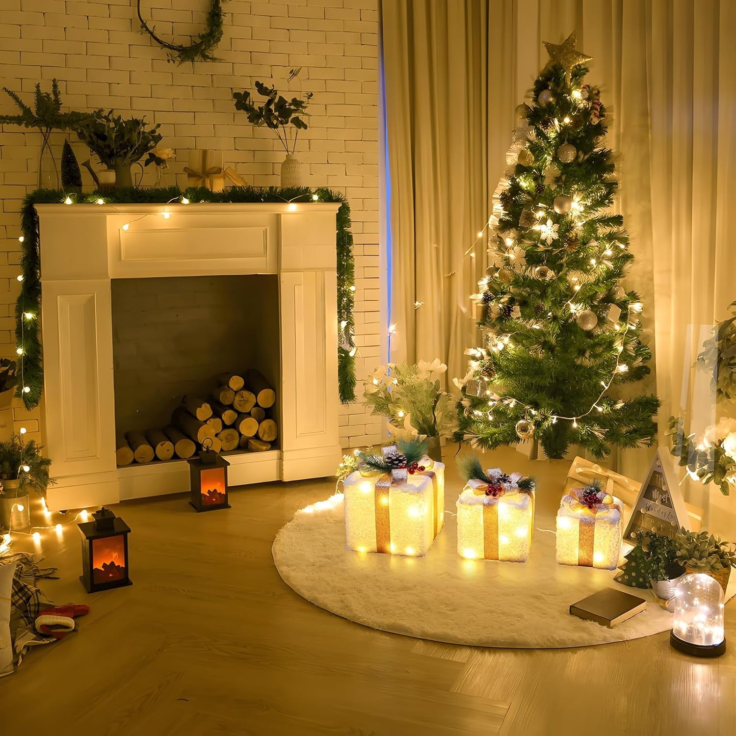 Christmas Lighted Boxes Decorations, Quntis 8 Modes 3 Lighted Boxes, Champagne Gold Gift Boxes Christmas Decorations for Christmas Tree Indoor/Outdoor Clampsted Gift Box Three -Piece