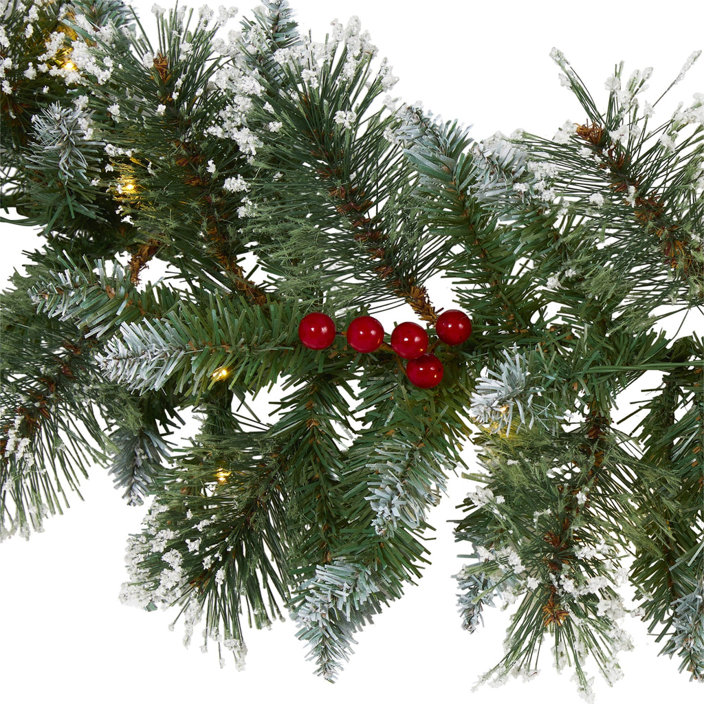 Nearly Natural 9' Green Pine Frosted Christmas Garland with Berries Prelit 50 Clear LED Lights