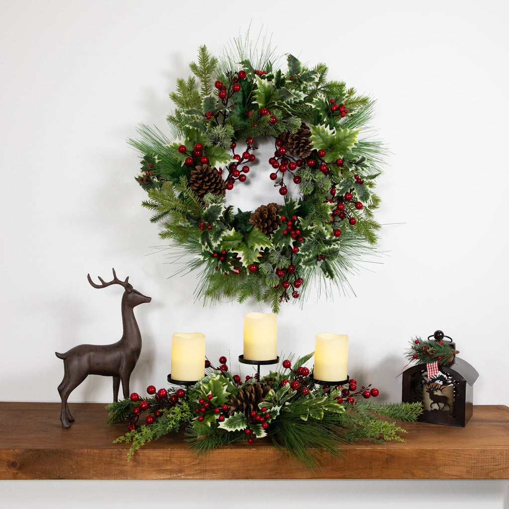 Northlight Holly and Berries Christmas Pillar Candle Holder with Pine Cones - 28"