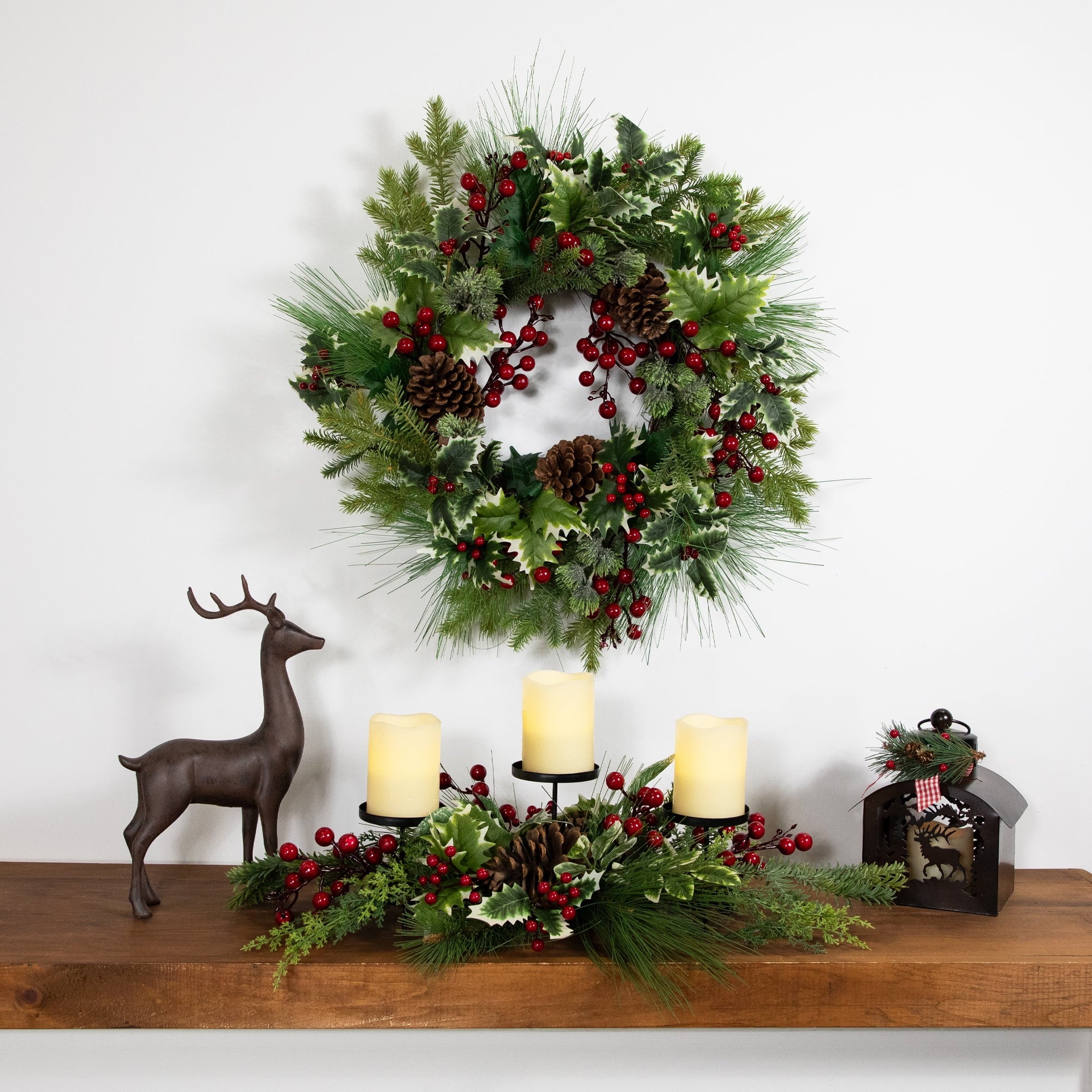 Northlight Holly and Berries Christmas Pillar Candle Holder with Pine Cones - 28"
