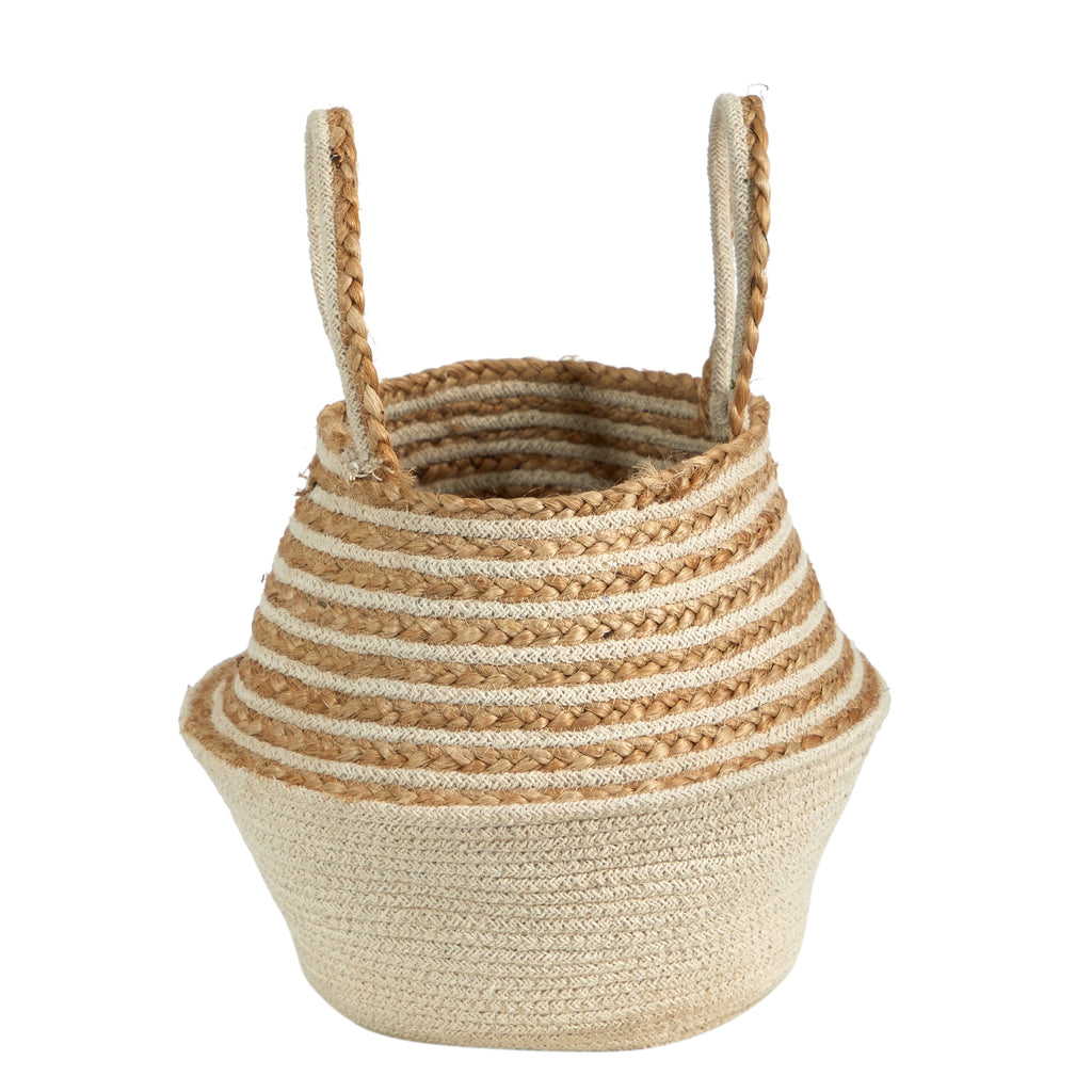 Nearly Natural 14" Boho Chic Belly Basket Natural Jute and Cotton Basket Planter, Cream Cotton Bottom Natural Top with Handles