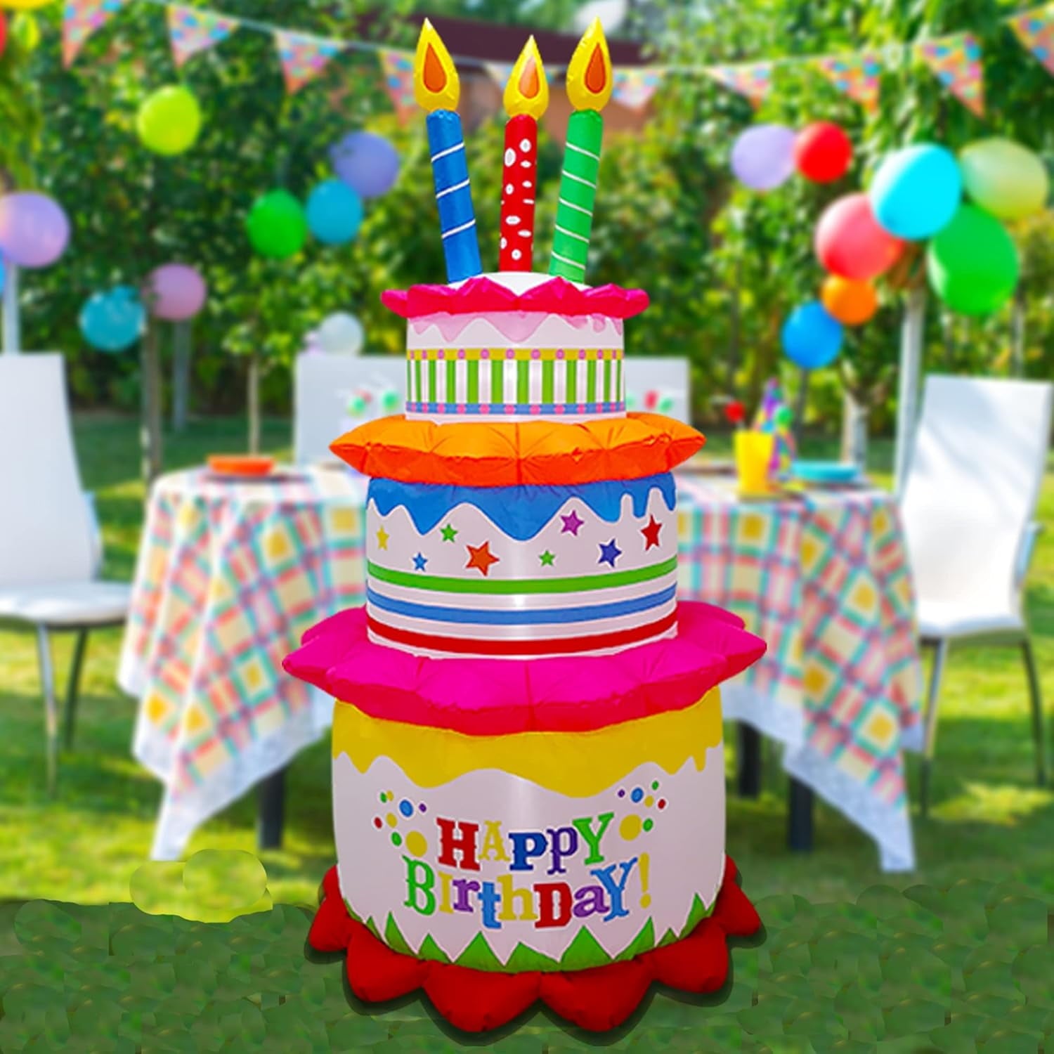Garnen 6Ft Inflatable Happy Birthday Decorations Balloons For Kids, LED Happy Birthday Cake, Birthday Sign Balloons, Outdoor Theme Party