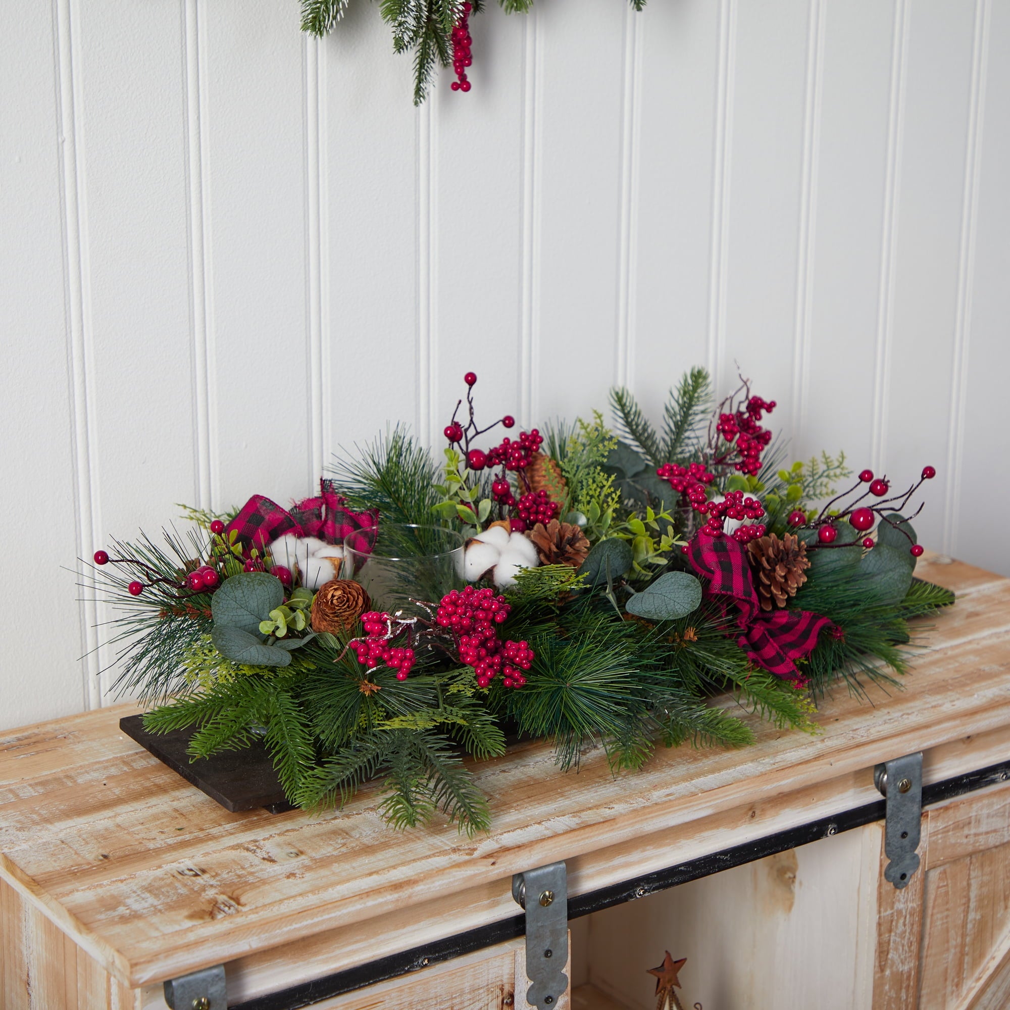 Nearly Natural 24" Holiday Berries, Pinecones and Eucalyptus Christmas Artificial Arrangement Cutting Board Wall Decoration or Table Arrangement
