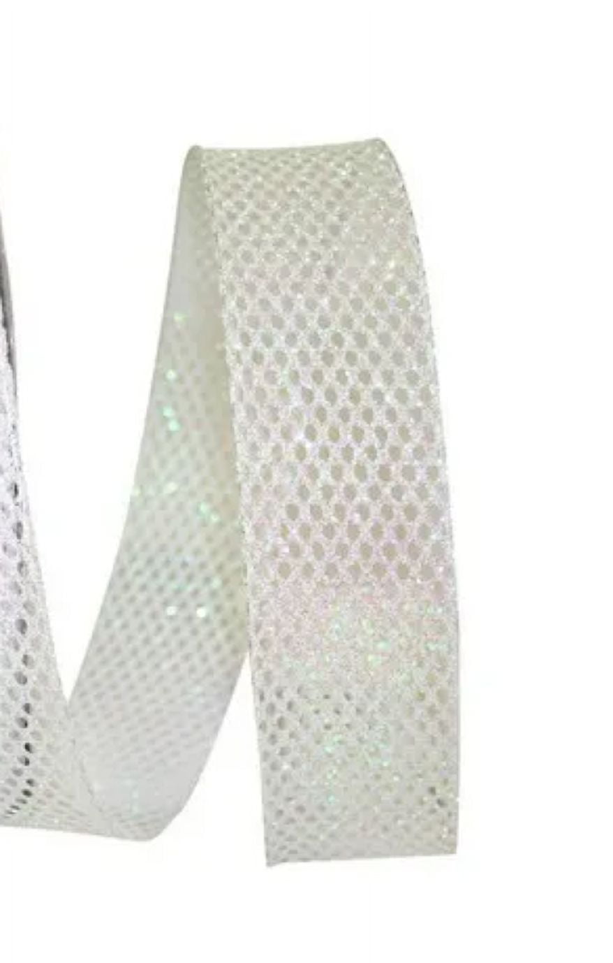 JAM Paper Mesh Christmas White Glitter Ribbon, 25yd x 1.5in, 1/Pack