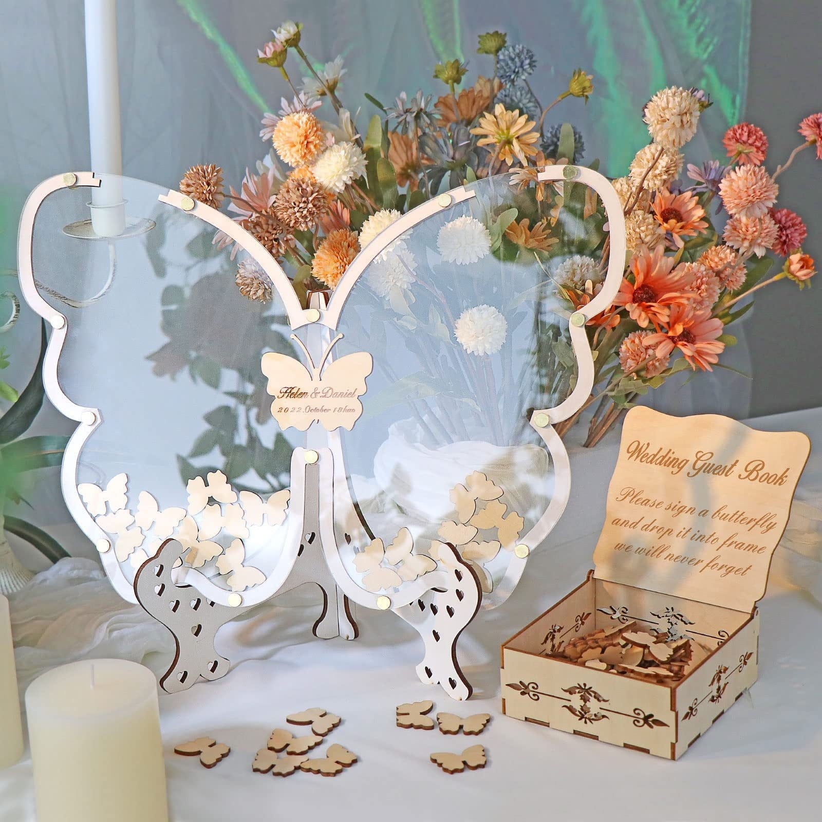 color 60Pcs Wooden Wedding Guest Book Leaves Butterfly Shape Sign In Cards Anniversary Memory Keepsake Birthday Party Decor Wedding Reception Guest Book 432G Weight