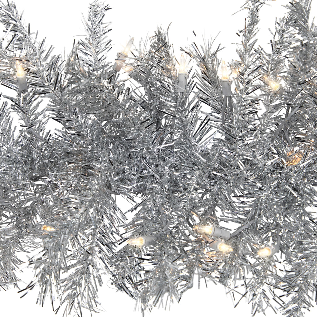 Northlight Prelit Clear Incandescent Corded Tinsel Artificial Christmas Garland, 4" (Silver)