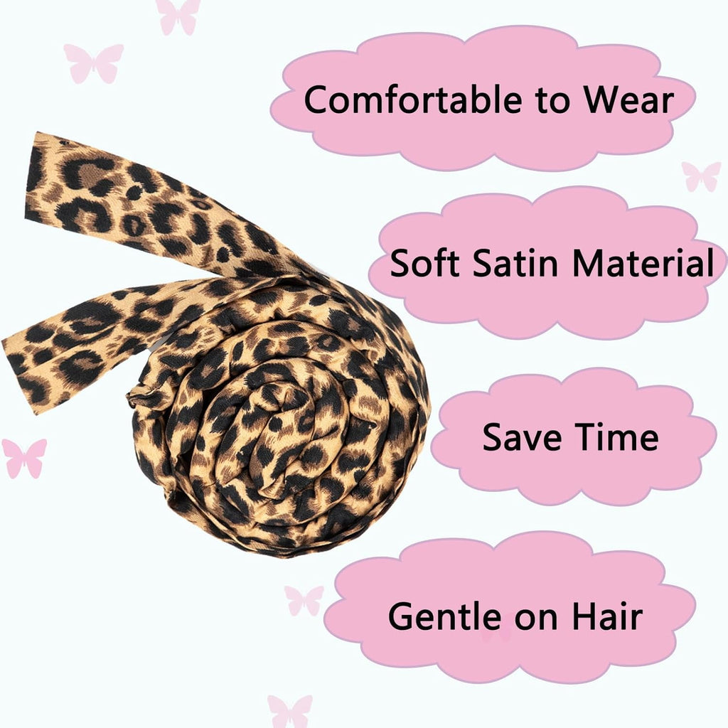 Heat Less Curling Headband for Overnight Curls, No Heat Hair Curling Ribbon and Set for Long Hair (Leopard Print)