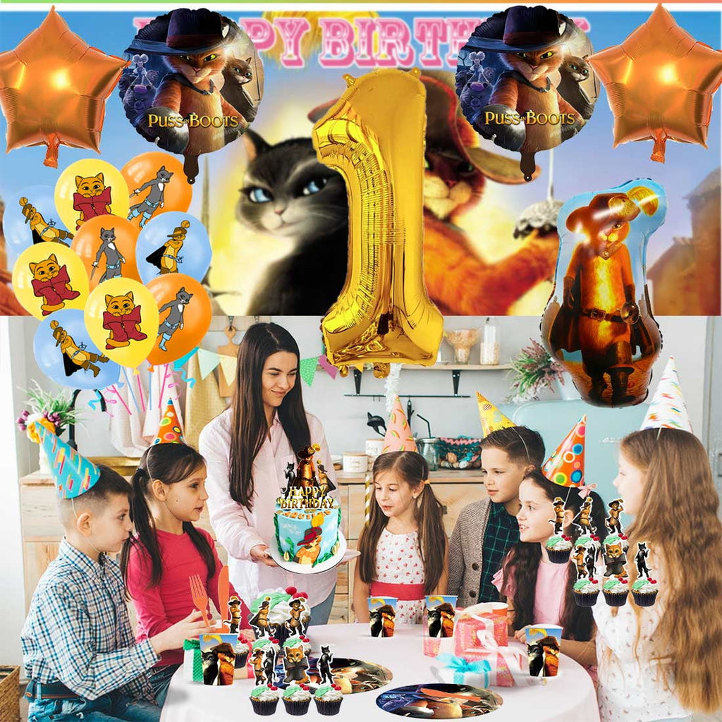 Puss in Boots Party Supplies Decor Tableware Backdrop Banner Cake Topper Balloons Birthday Decorations