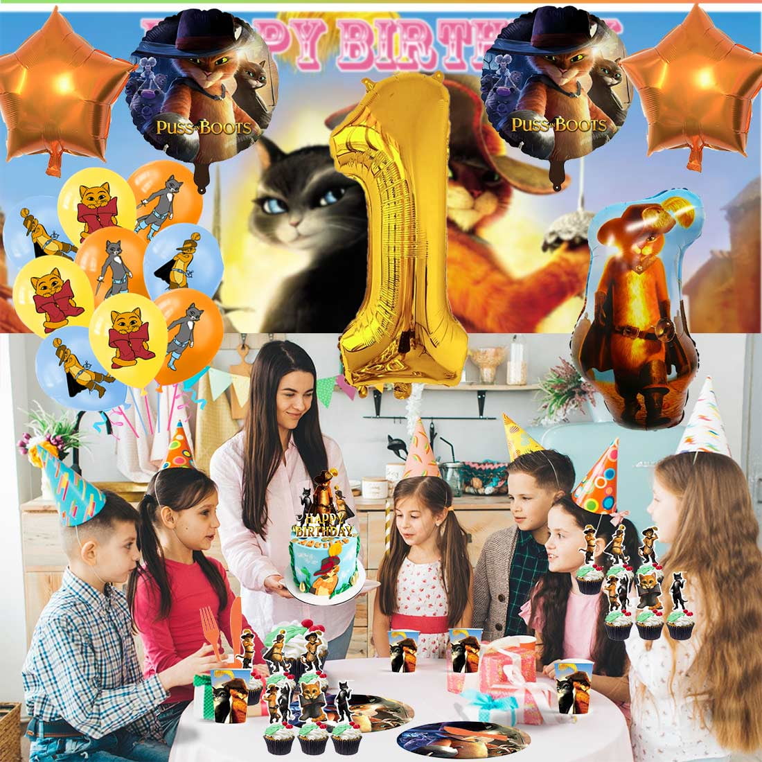 Puss in Boots Party Supplies Decor Tableware Backdrop Banner Cake Topper Balloons Birthday Decorations