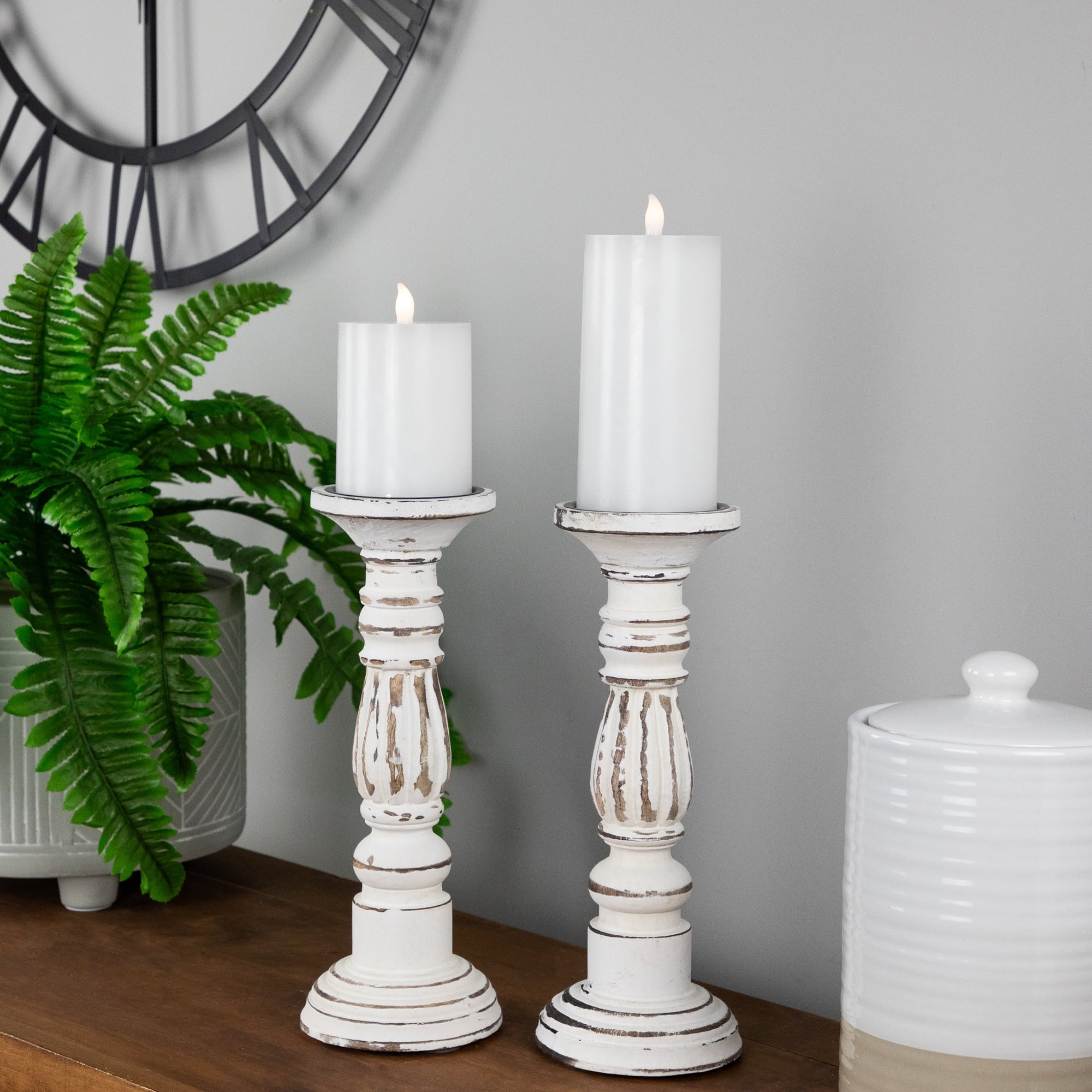 Northlight Set of 2 Antique White Pillar Candle Holders 12"