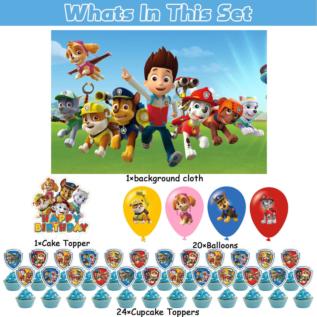 46-Pcs For Paw Cartoon For Patrol-Themed Party Decoration Set – Includes Backdrop, Cake Topper, 24 Cupcake Toppers, and 20 Balloons for Festive Celebrations