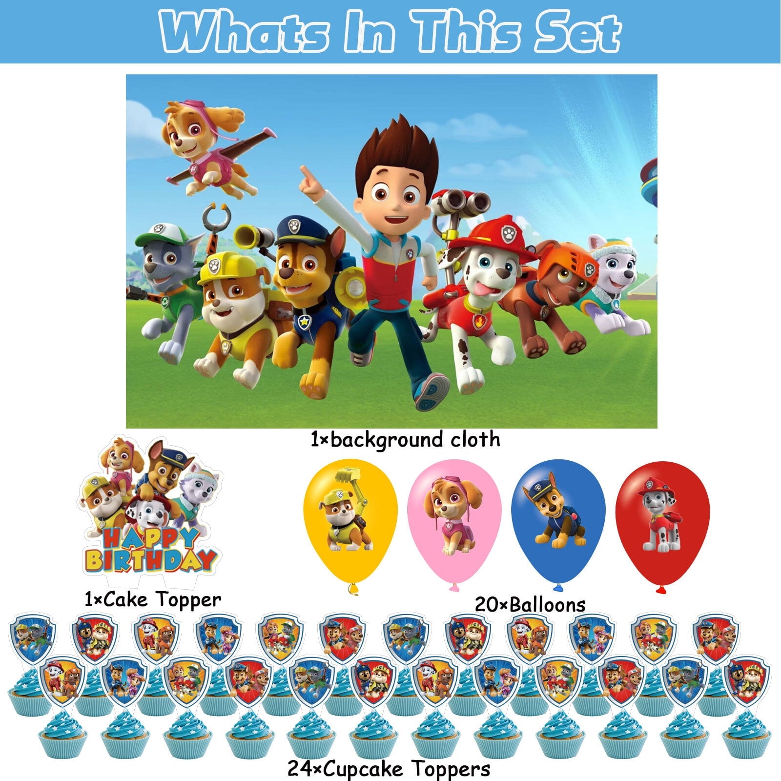 46-Pcs For Paw Cartoon For Patrol-Themed Party Decoration Set – Includes Backdrop, Cake Topper, 24 Cupcake Toppers, and 20 Balloons for Festive Celebrations