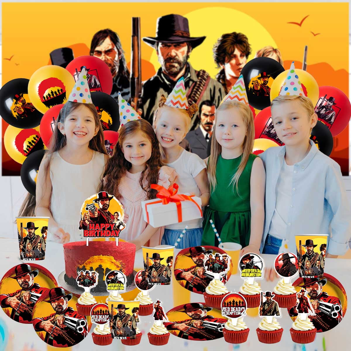 Red Dead Redemption Balloons Supplies Party Decor Plates Decorations Banner Cake Topper Tableware Banner Backdrop