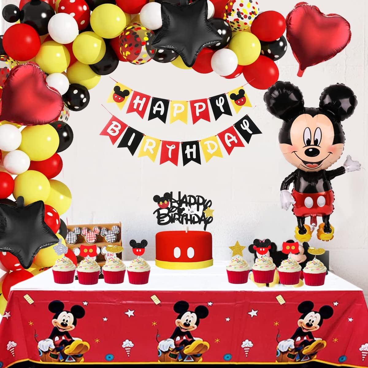 M - Mouse Birthday Decorations, Balloon Arch Garland kit, Happy Birthday Banner 45 Inch Giant Jumbo Mickey Mouse foil balloon, Door Sign Cake & Cupcake Toppers Confetti & Mylar Balloons Tablecloth