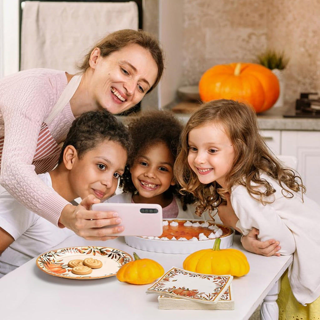 Caltero 200 PCS Fall Thanksgiving Paper Plates and Napkins, Pumpkin Wreath Disposable Dinnerware Set Serve 50 Party Supplies