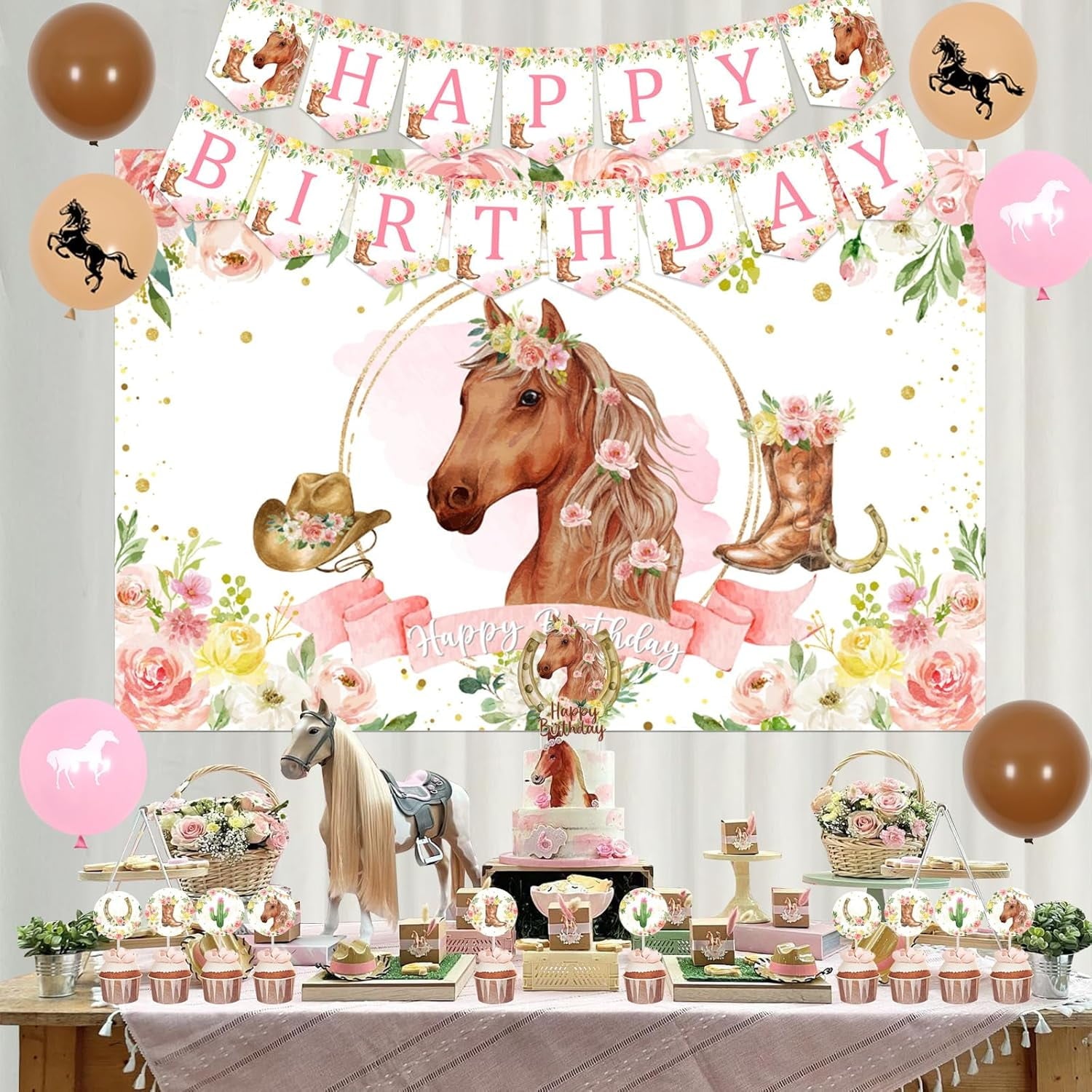 Fangleland Cowgirl Themed Birthday Party Decorations Horse Balloons & Banner