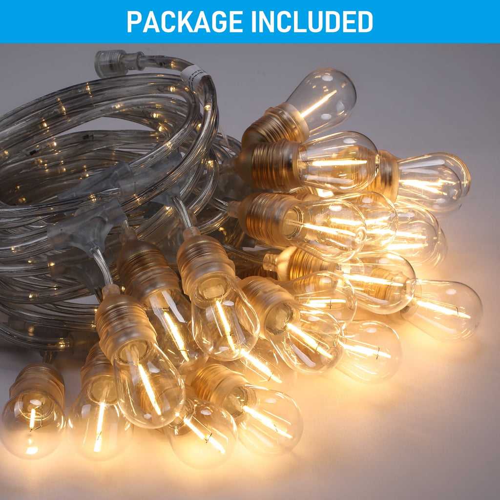 LED Outdoor String Lights, 48ft 24 Bulbs Commercial Connectable Patio String Light, LED Neon Light, IP65 Waterproof, 18AWG Copper Wire, Clear White