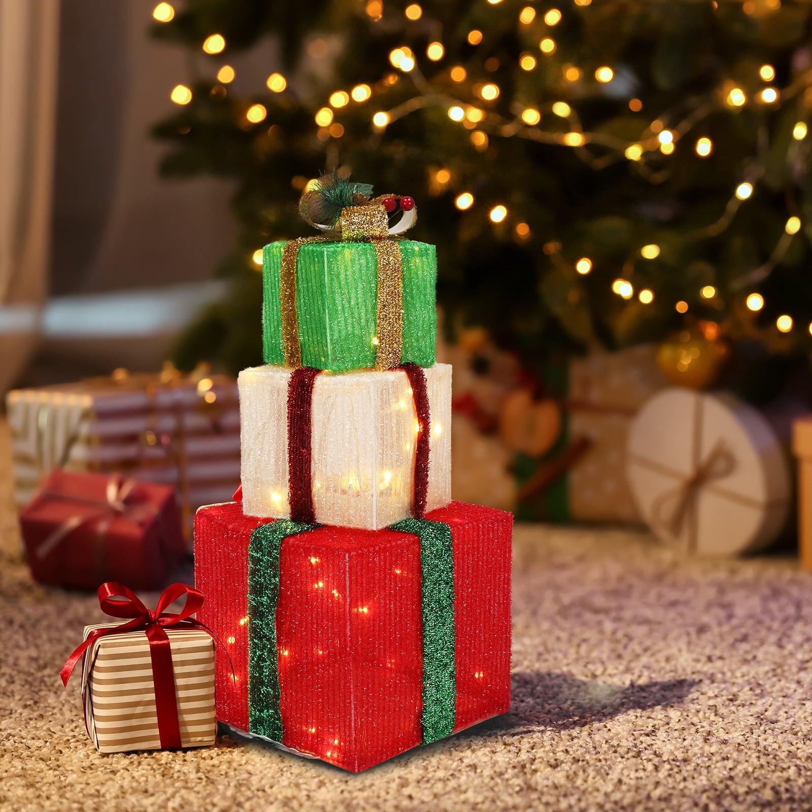 UBesGoo Christmas Decoration 3pcs Lighted Gift Boxes Decorations 60LED Lights,Light Up Gift Boxes for Christmas,Yard,Home,Indoor Outdoor Decor