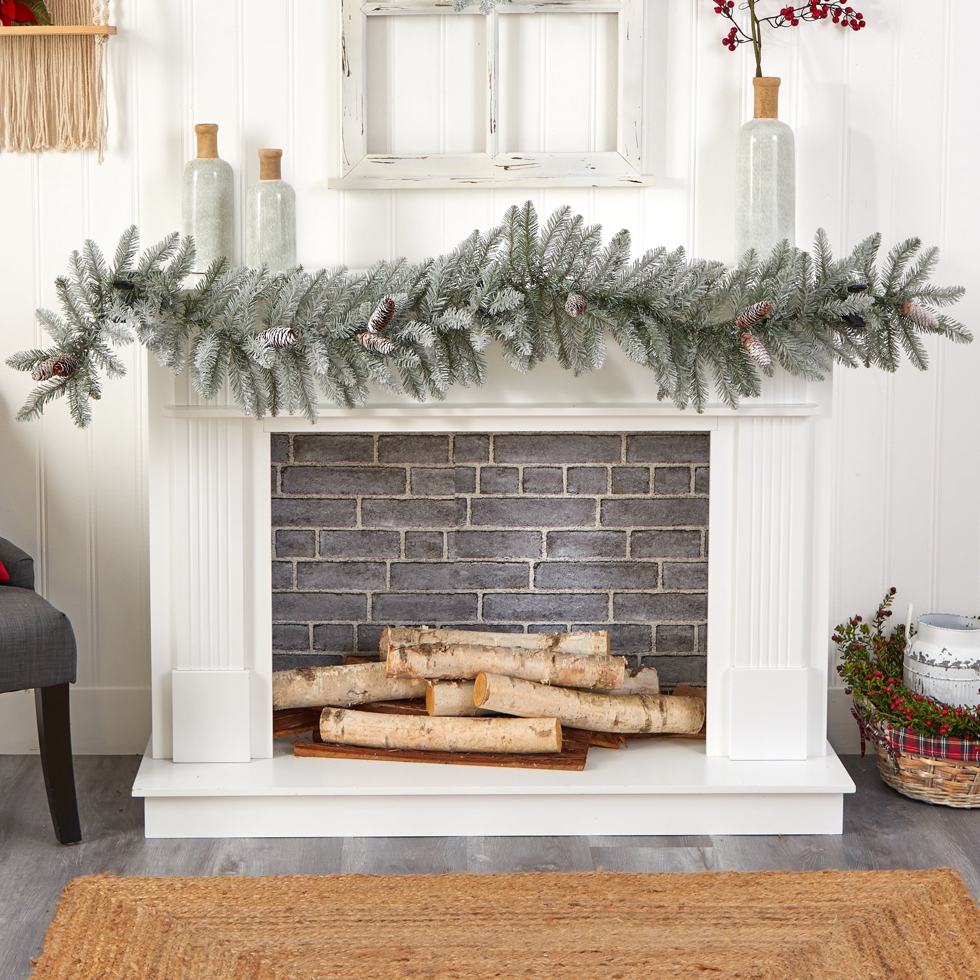 Nearly Natural Prelit Frosted Pine LED Battery Operated Garland, with Pinecones 72" (White)