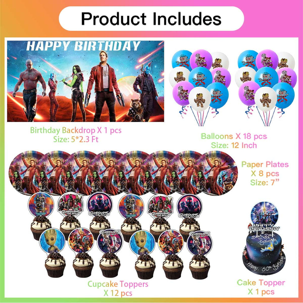 Guardians of the Galaxy Party Decorations Paper Plates Tableware Banner Backdrop Balloons Birthday Decor Cake Topper Fans