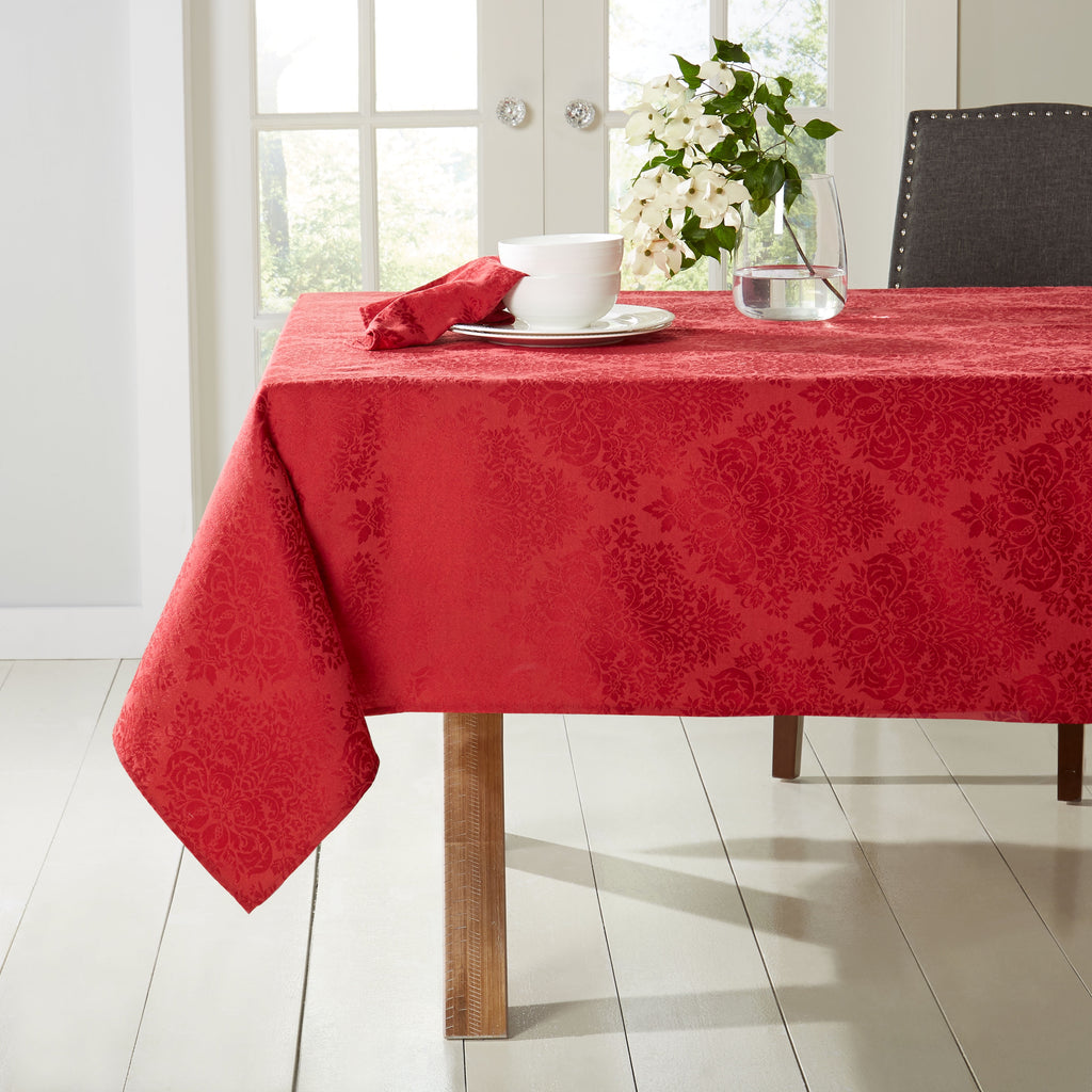 Town & Country Living Lexington Damask Tablecloth-Traditional/Stain Resistant/Machine Washable/Cotton Polyester Blend, 60"x102" Rectangle Red