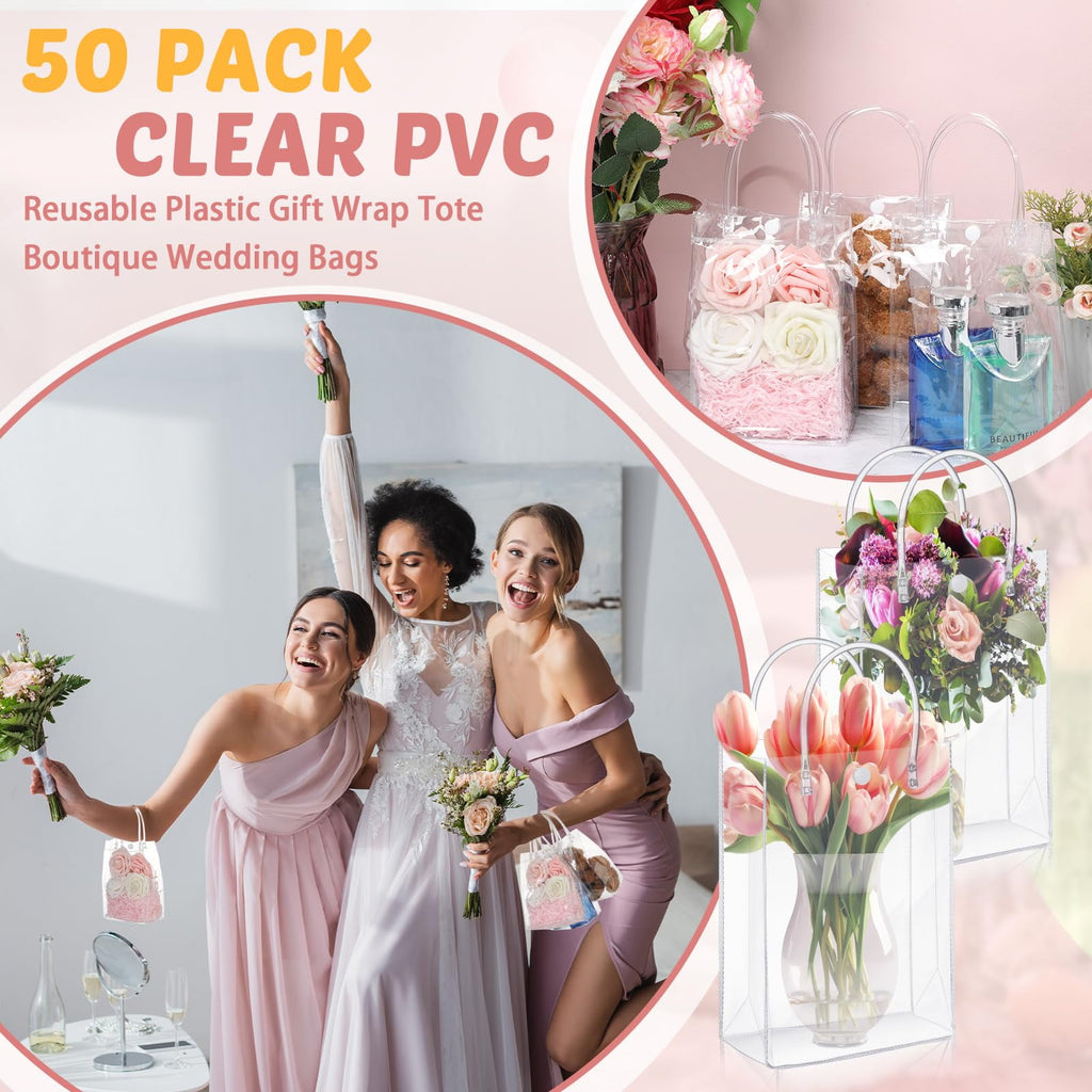 DIYMAG 50 Pcs Clear Gift Bags with Handle, PVC Reusable Tote Bags, Gift Wrap Goodie Bags for Party Wedding/Birthday/Boutique/Shopping/Baby Shower (5.9 x 7.8 x 2.7 Inch)