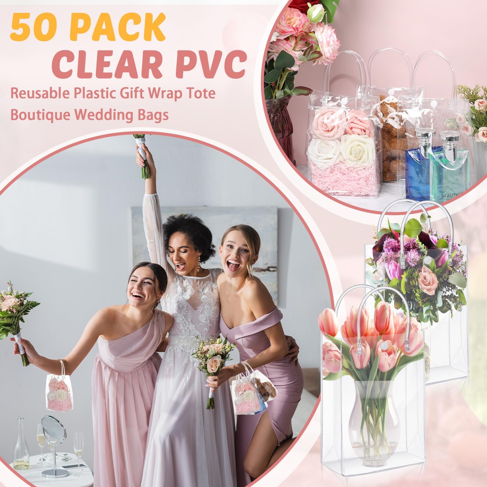 DIYMAG 50 Pcs Clear Gift Bags with Handle, PVC Reusable Tote Bags, Gift Wrap Goodie Bags for Party Wedding/Birthday/Boutique/Shopping/Baby Shower (5.9 x 7.8 x 2.7 Inch)