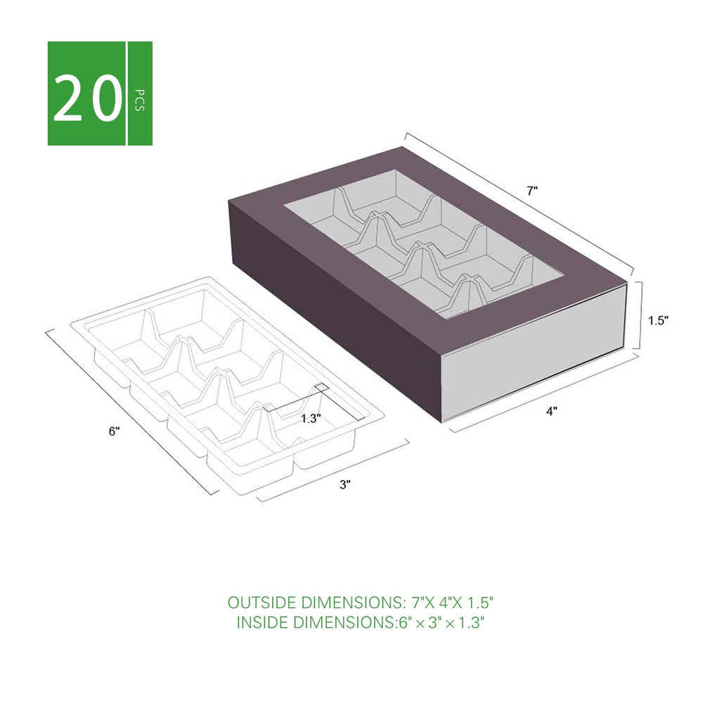 PKGSMART 20 Truffle Box with Clear Window Sleeves, Brown Chocolate Box Packaging, Candy Boxes with 8-Piece Plastics Tray（Tray Size with 5.75x2.75 inches)