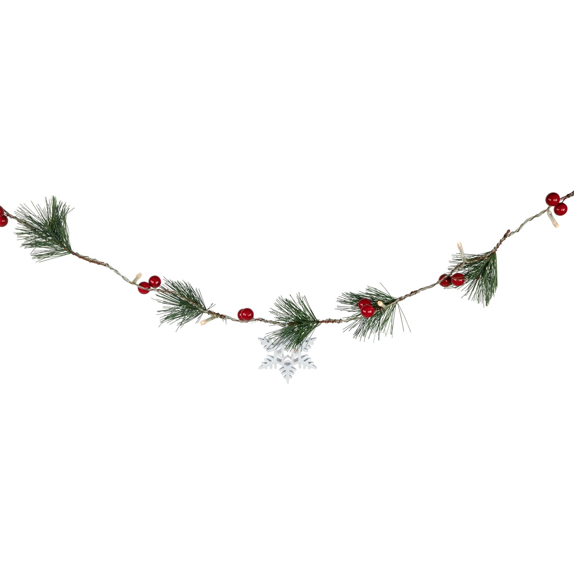 Northlight Pre-Lit B/O Pine, Berry and Snowflake Christmas Garland - 6' - Warm White LED Lights