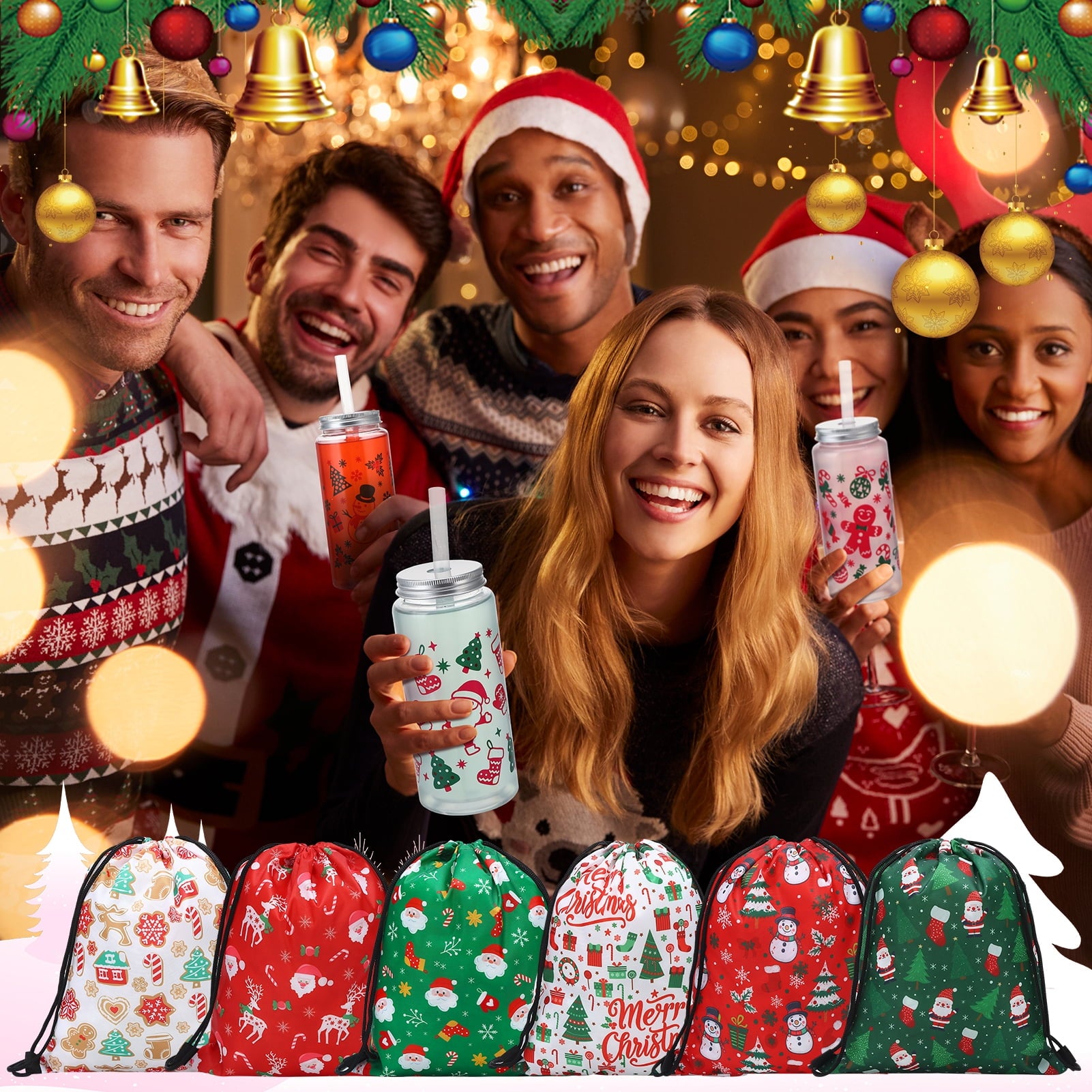 sixwipe 12PCS Plastic Tumbler and 12PCS Christmas Gift Bags, 14.2 oz Christmas Plastic Tumblers with Lids and Straws and Fabric Christmas Wrapping Bags Drawstring Gifts Bag for Presents Party