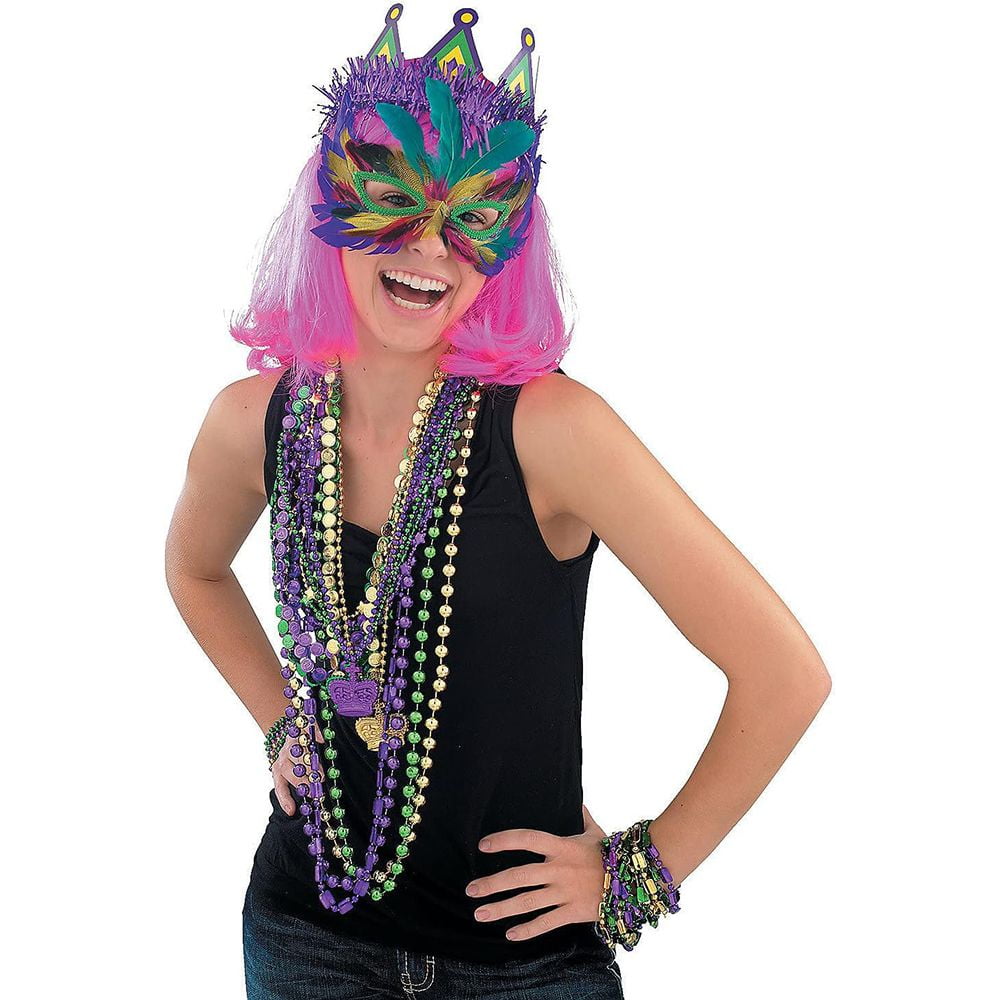 4E's Novelty 144 Mardi Gras Beads Necklaces, Purple Green Gold, 33 Inches Long