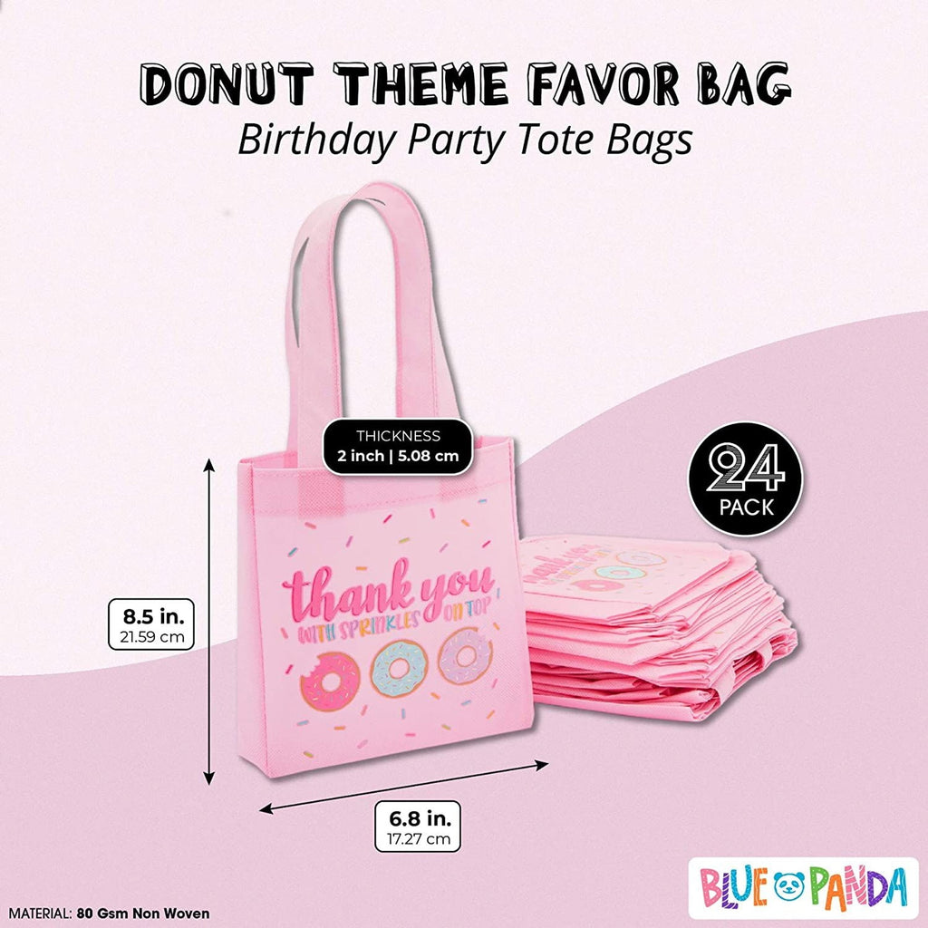 24 Pack Donut Goodie Bags - Pink Donut Theme Party Favor Totes for Girl's Birthday, Baby Shower, Special Event (6.5 x 7 x 2 In)