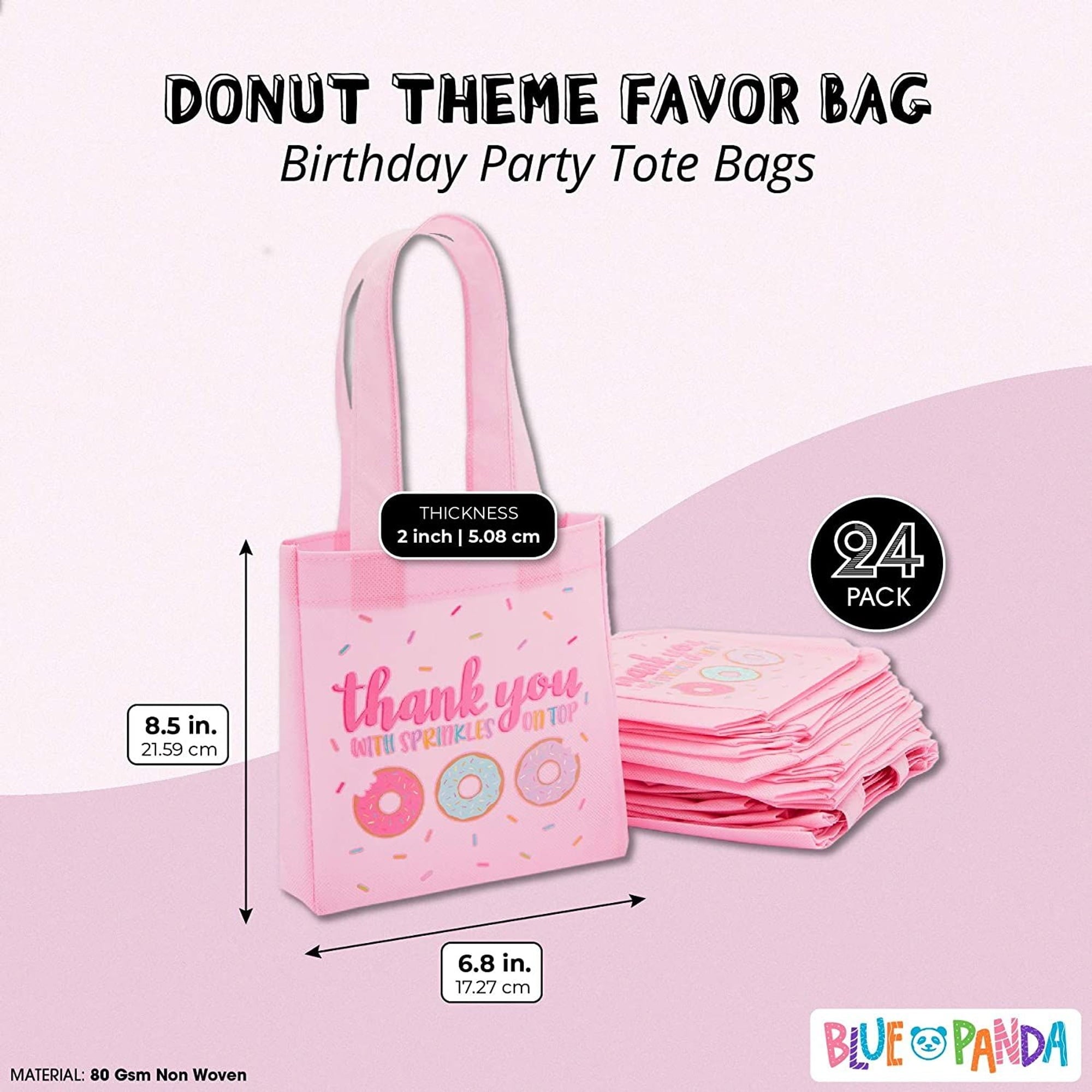 24 Pack Donut Goodie Bags - Pink Donut Theme Party Favor Totes for Girl's Birthday, Baby Shower, Special Event (6.5 x 7 x 2 In)