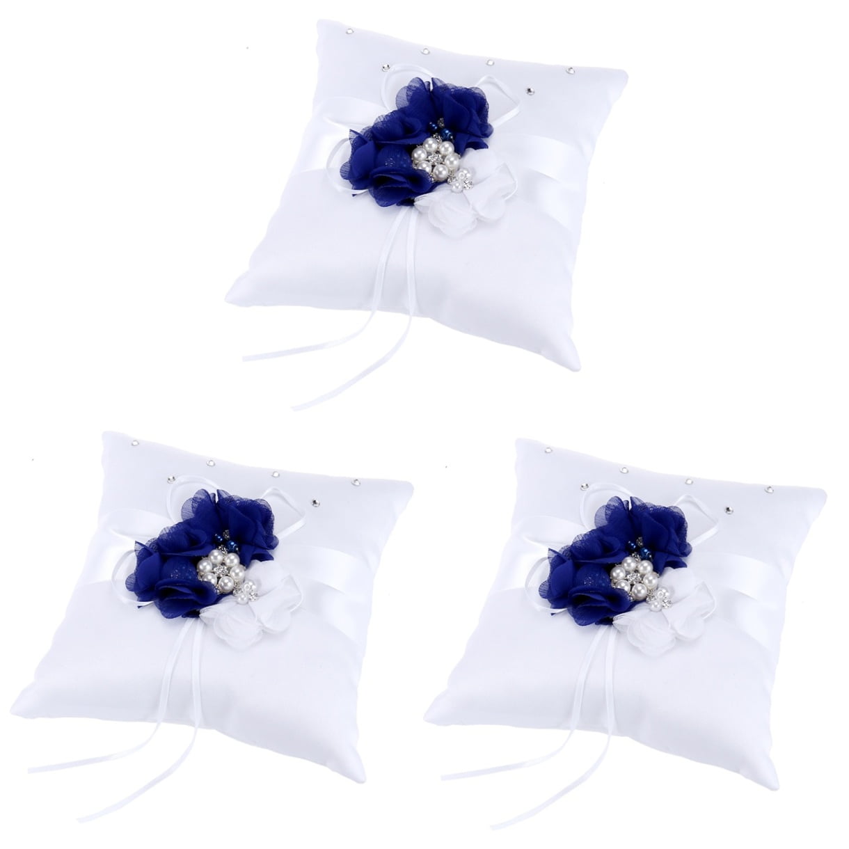 WORGEOUS 3pcs 20*20cm Embellished Wedding Ring Pillow Cushion Pearl Flower Decorated Ring Bearer Pillow (Blue & White Flower)