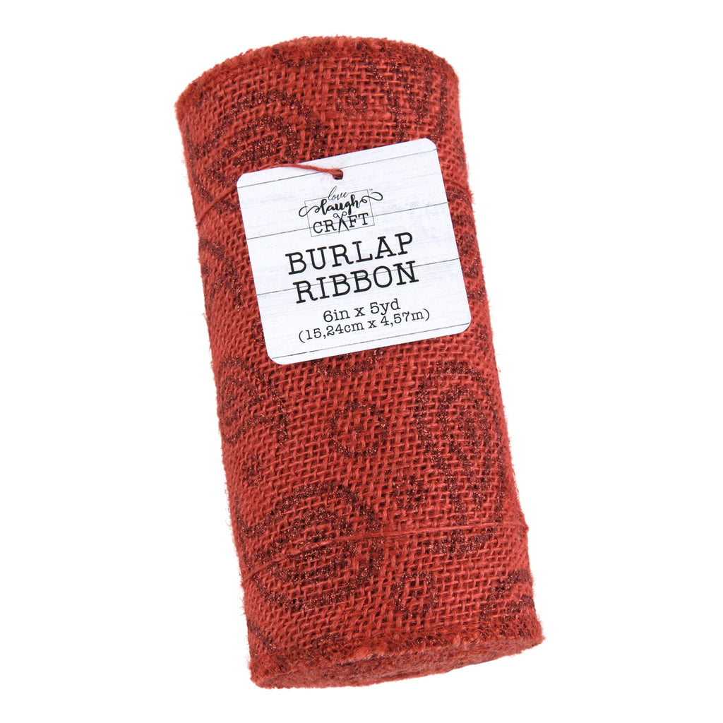 Love, Laugh, Craft Jute Burlap Precut Ribbon, 6"W x 5-Yards, 7-Pack, 740-24KIT, Red Paisley Glitter