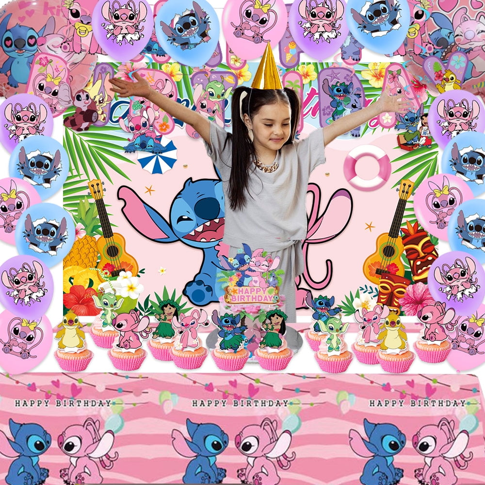 Pink Birthday Decorations Birthday Banner,Backdrop,Balloons,Cake Topper,Cupcake Toppers,Hanging Swirls,Tablecloth for Lilo Birthday Party Decorations Party Supplies