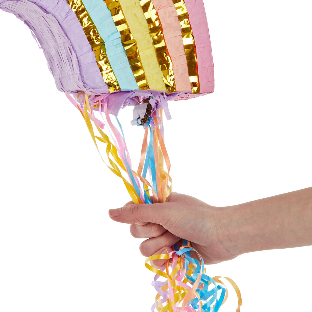 BLUE PANDA Rainbow Pull String Pinata for Kids Ages 3-14, Pastel Birthday Decorations, Gender Reveal Party Supplies, Small, 16.5 x 10 x 3 In