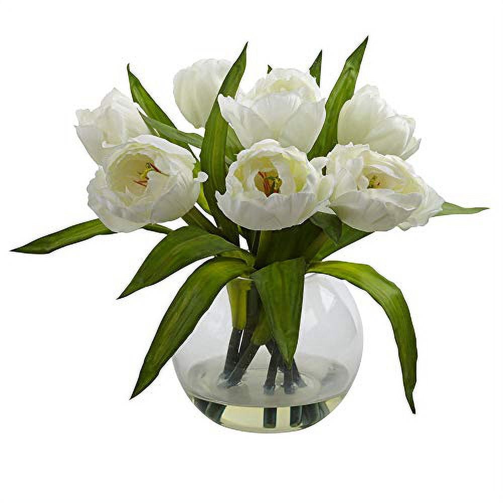 Nearly Natural Artificial Tulips Centerpiece Arrangement with Vase, White