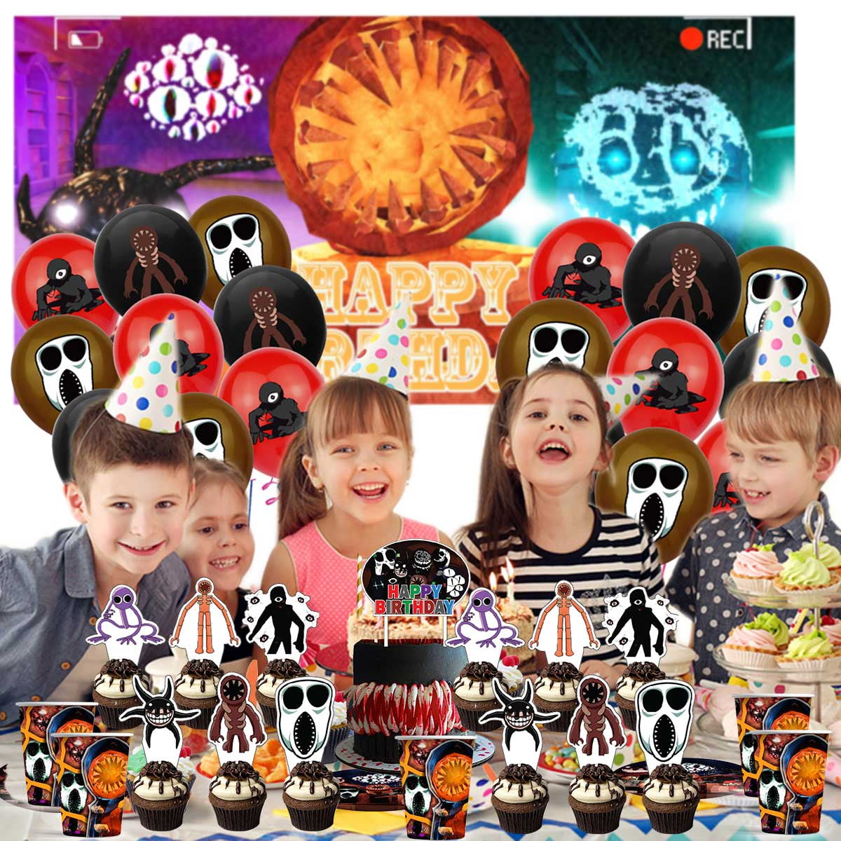 Doors Figure Balloons Supplies Party Decor Plates Decorations Banner Cake Topper Tableware Banner Backdrop