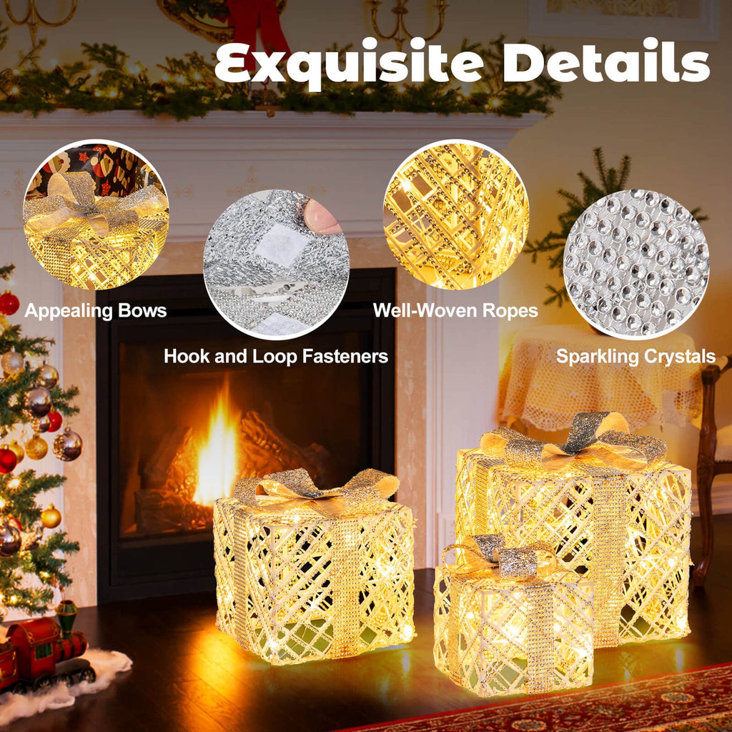 Costway 3 Pack Christmas Lighted Gift Box with 50 LED Lights Detachable Bows for Yard