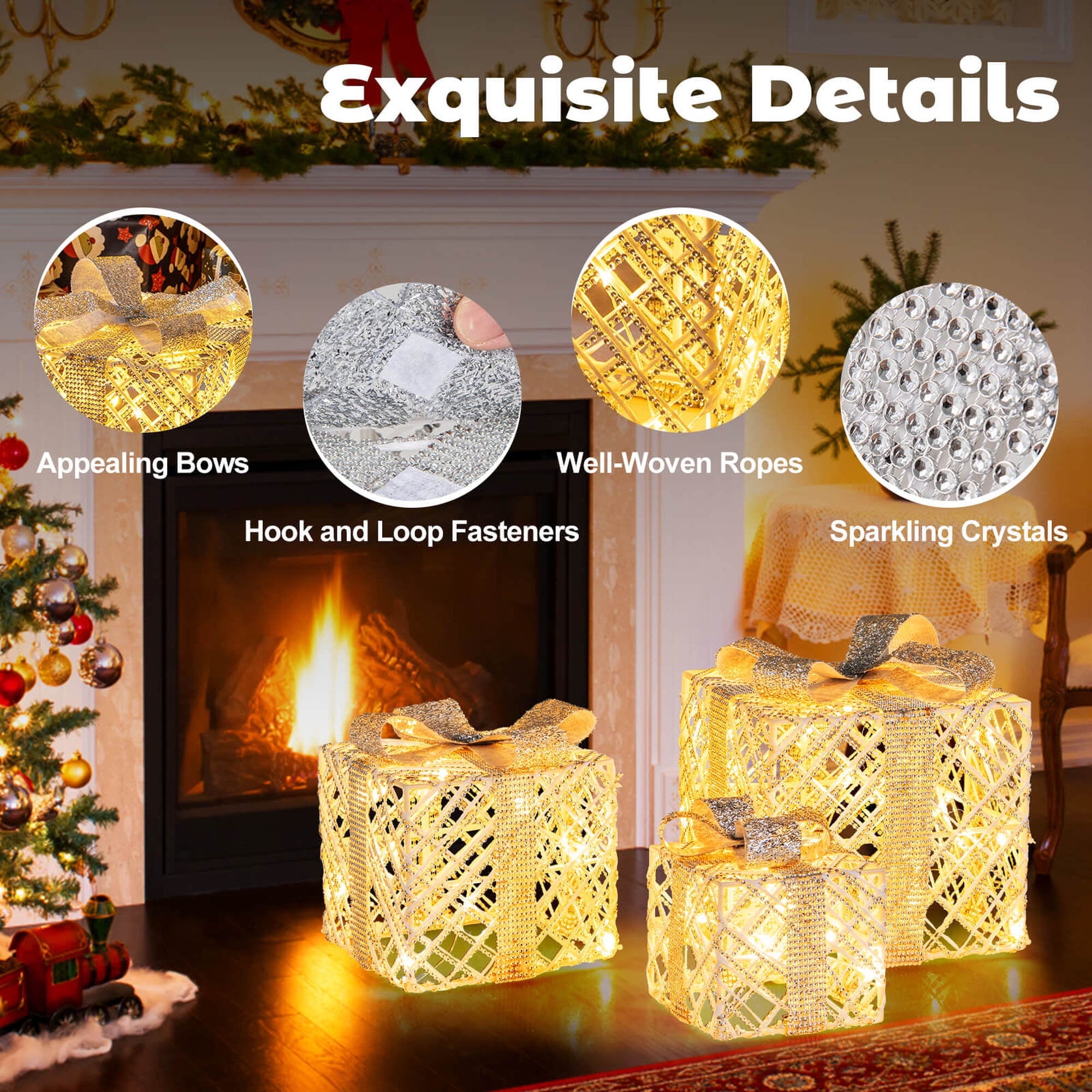 Costway 3 Pack Christmas Lighted Gift Box with 50 LED Lights Detachable Bows for Yard