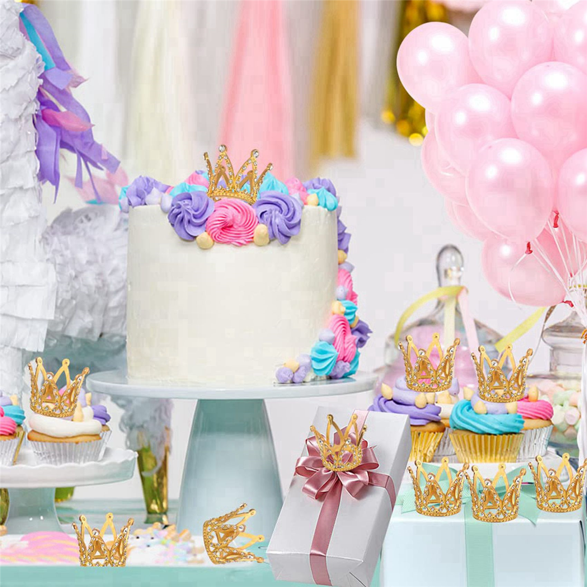 50 Pcs Gold Cake Topper Tiny Baby Small Rhinestone Crown for Flower Arrangements Shower Birthday Wedding Decor