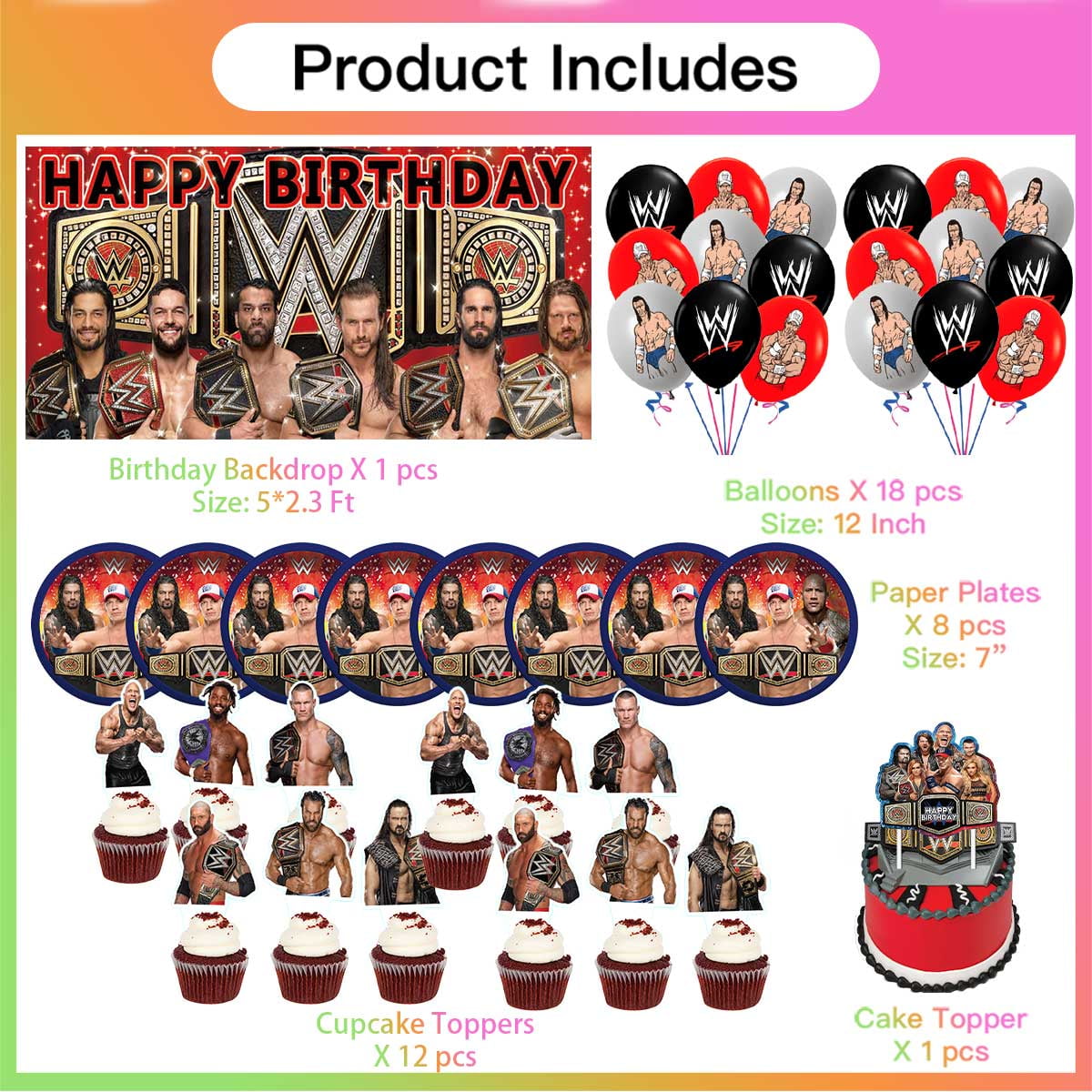 Wrestling Party Decor Plates Cake Topper Balloons Banner Backdrop Supplies Decorations Tableware