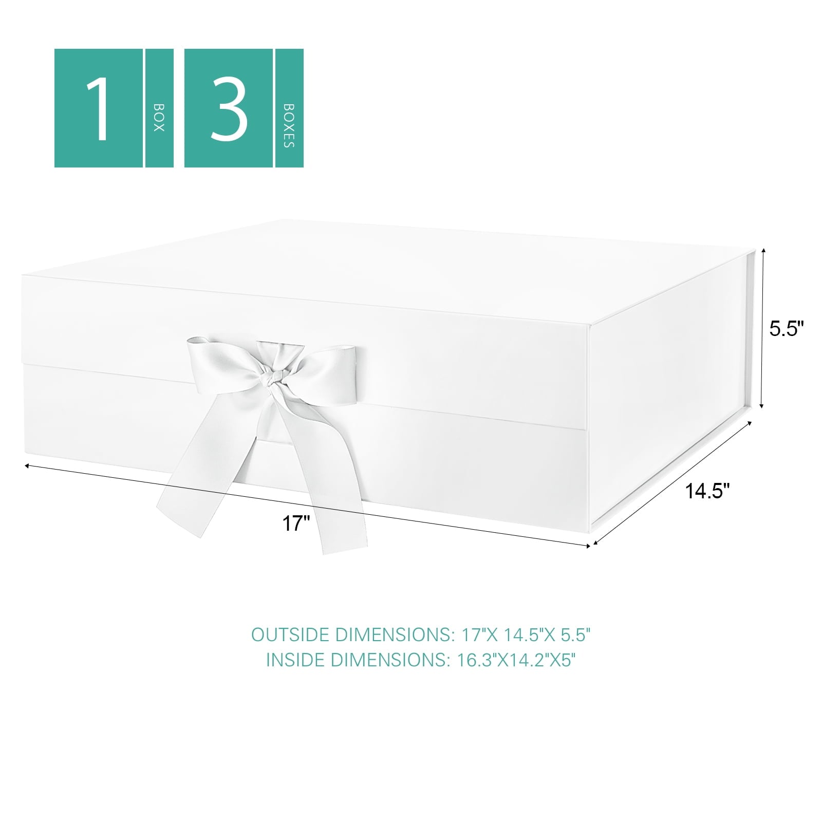 PKGSMART 3 Extra Large White Gift Boxes with Magnetic Lids and Ribbons for Gifts, 16.3x14.2x5 inches