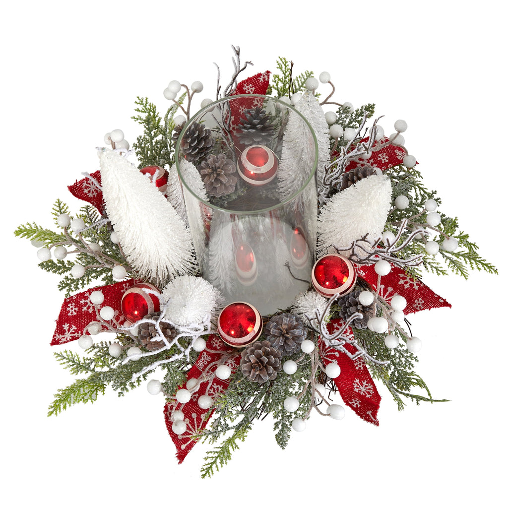 Nearly Natural 15" Holiday Lighted Forest Candle Holder Table Christmas Artificial Arrangement