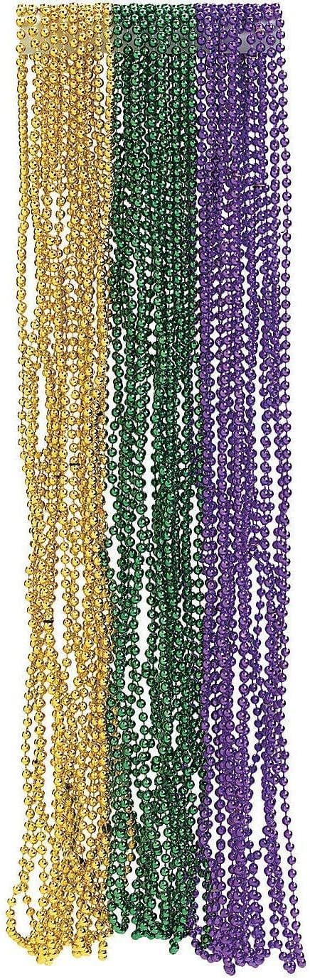 4E's Novelty Bulk 72 Mardi Gras Beads Necklaces Purple Green Gold, 33 Inches, Party Favors