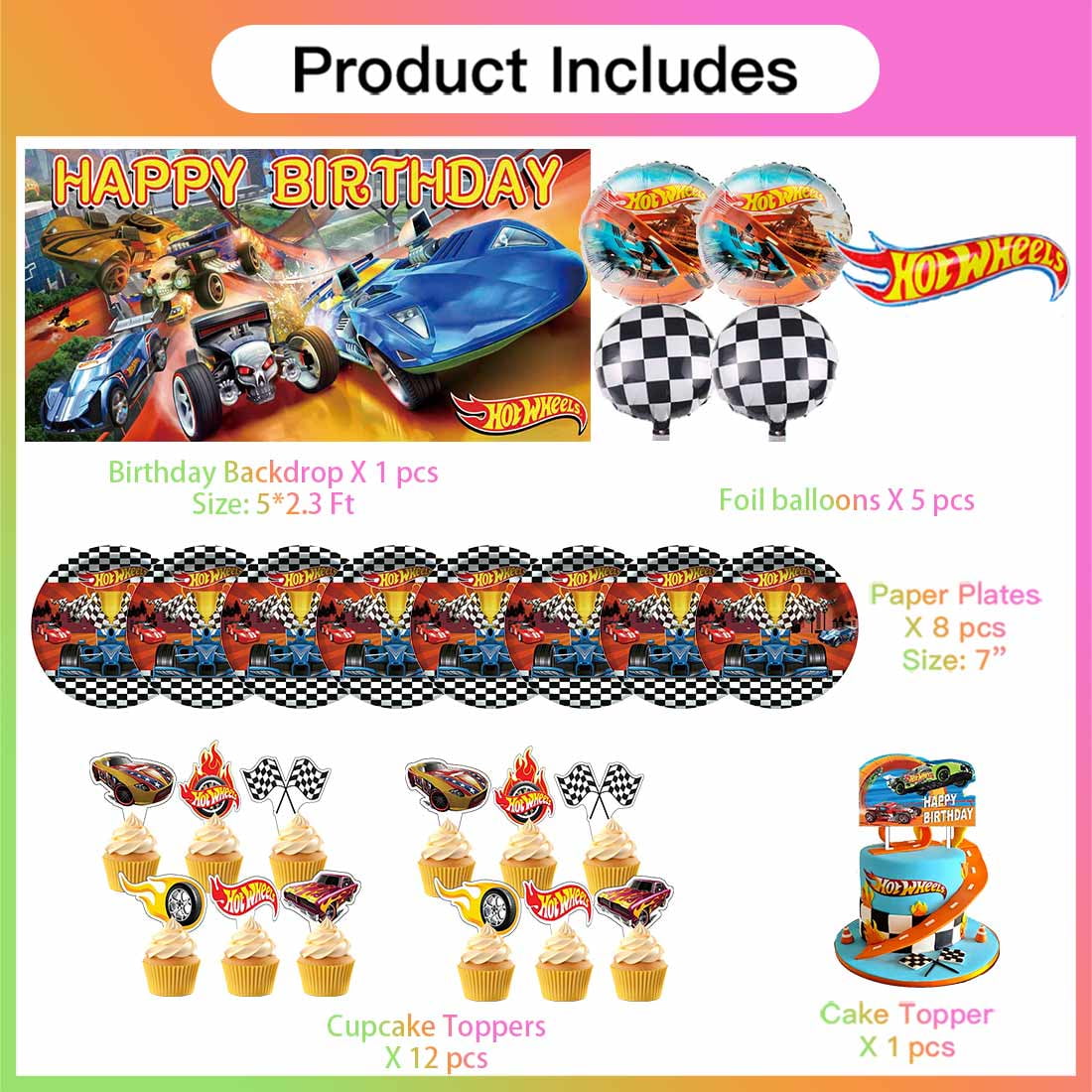 Hot Wheel Party Supplies Decor Tableware Backdrop Banner Cake Topper Balloons Birthday Decorations