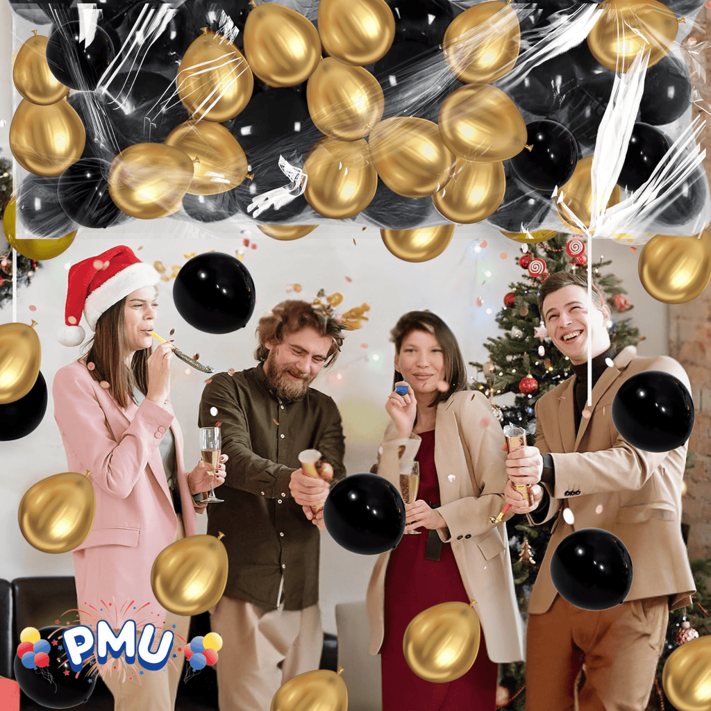 PMU New Year's Eve Party Balloon Drop Kit (100 - 5in or 50 - 9in Balloons with Hand Pump) Black and Gold Assortment 2025 New Year Celebration Accessories (41377-00103-905152-72580) Pkg/1