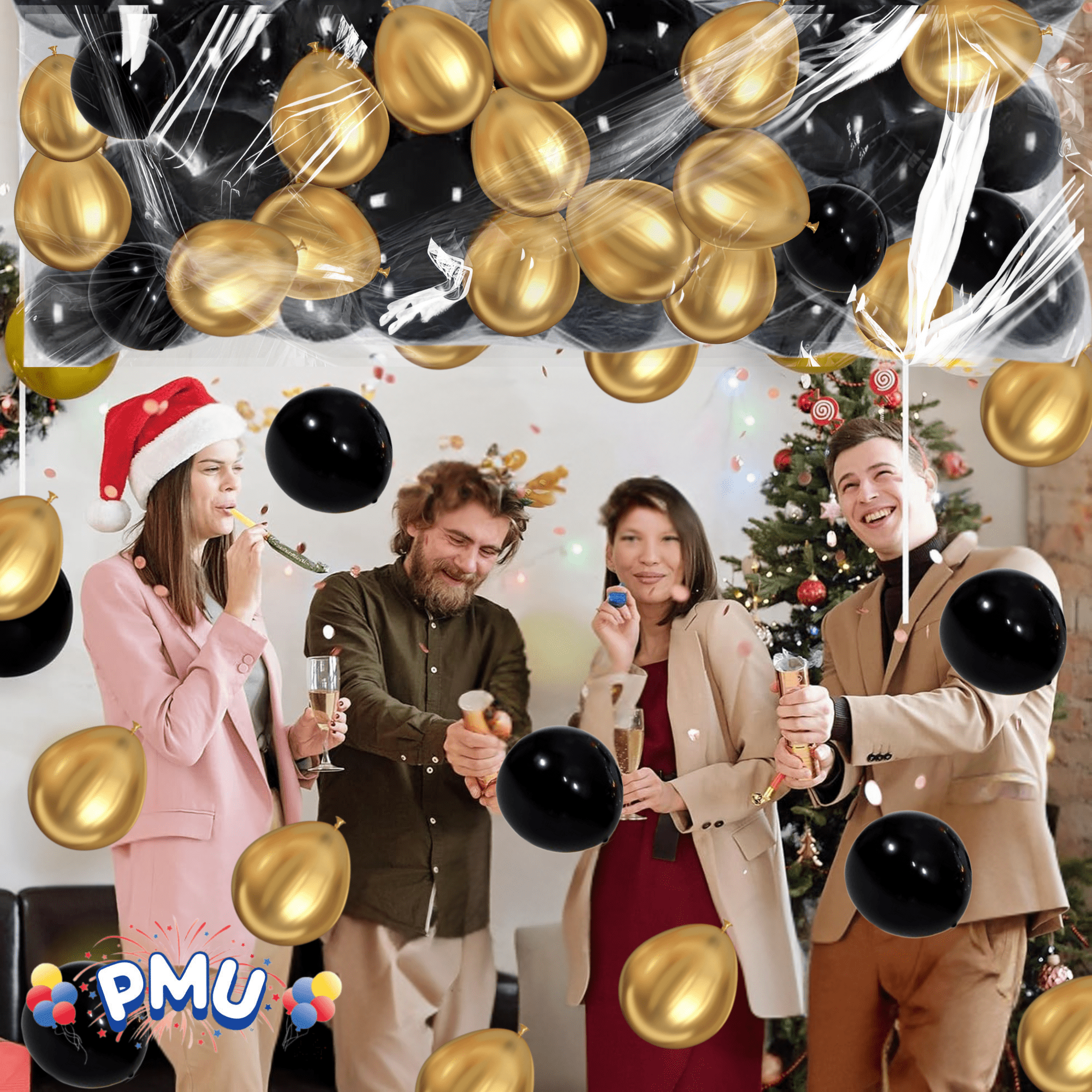 PMU New Year's Eve Party Balloon Drop Kit (100 - 5in or 50 - 9in Balloons with Hand Pump) Black and Gold Assortment 2025 New Year Celebration Accessories (41377-00103-905152-72580) Pkg/1