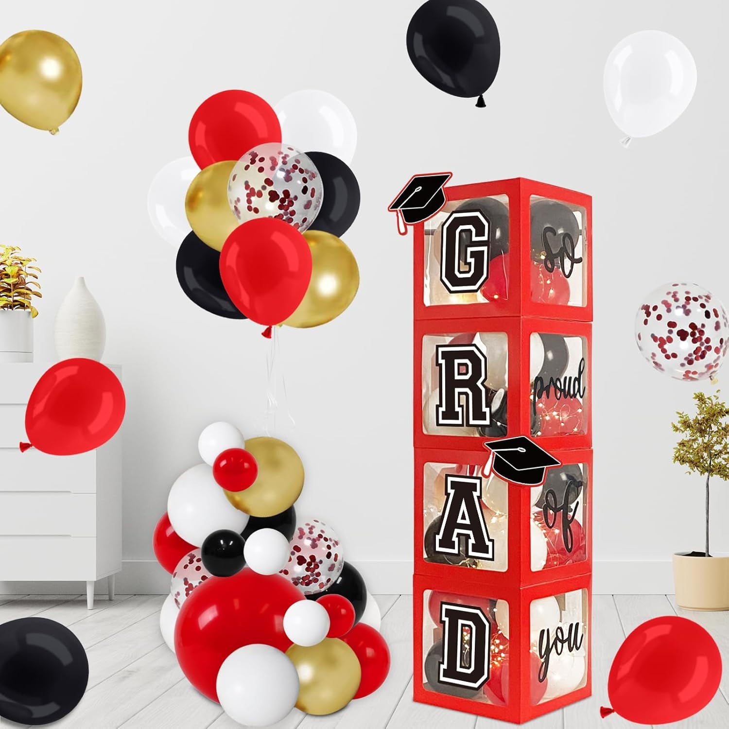 Graduation Decorations 2025, Set of 4 Red Graduation Balloon Boxes with 139pcs Balloon Arch Garland Kit & 4 Light Strings - So Proud of You 2025 Graduation Decorations for Any Grades